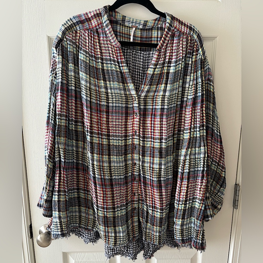 Free People Come On Over Plaid Pleated Oversized Button Up Top Blouse
